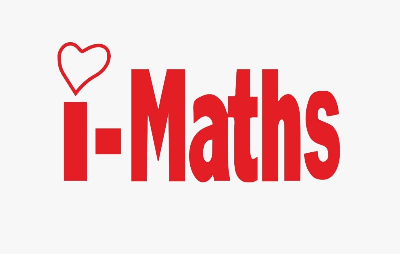 Red "i-Maths" text on a white background, with a heart symbol replacing the dot above the "i," conveying a playful and positive tone.