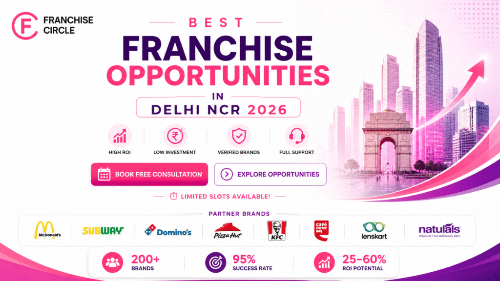 Alt text: "Franchise Circle ad promoting franchise opportunities in Delhi NCR for 2026. Features high ROI, low investment, verified brands, with partner logos like McDonald's and Domino’s. Background shows a city skyline and India Gate. Pink and purple color scheme conveys a professional yet dynamic tone."